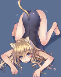 Rule 34 | 1girl, absurdres, animal ears, ass, ass shake, barefoot, blonde hair, blue background, blue eyes, blush, cat ears, cat tail, hair ribbon, hair tubes, highres, long hair, looking at viewer, moriya suwako, one-piece swimsuit, open mouth, oukawa yuu, purple eyes, ribbon, school swimsuit, simple background, slit pupils, solo, swimsuit, tail, top-down bottom-up, touhou