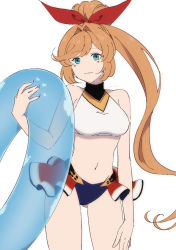 Rule 34 | 1girl, arm at side, bare shoulders, bikini, bikini skirt, breasts, clarisse (granblue fantasy), closed mouth, gluteal fold, granblue fantasy, green eyes, hair intakes, high ponytail, holding, holding swim ring, innertube, lips, long hair, looking at viewer, medium breasts, mifuta, navel, no nose, orange hair, simple background, smile, solo, swim ring, swimsuit, turtleneck, white background