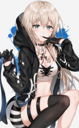 Rule 34 | 10s, 1girl, absurdres, alternate hair length, alternate hairstyle, aoba moca, bang dream!, bare shoulders, biting, black choker, black coat, black gloves, black thighhighs, blonde hair, blush, breast tattoo, breasts, chain necklace, choker, coat, collarbone, crop top, glove biting, gloves, green eyes, hair between eyes, hands up, highres, holding, hood, hood up, hooded coat, jewelry, long hair, looking at viewer, medium breasts, midriff, navel, necklace, open clothes, open coat, paint splatter, parted lips, pink lips, short shorts, shorts, sidelocks, single thighhigh, smile, solo, stomach, striped clothes, striped shorts, tareme, tattoo, thigh strap, thighhighs, tokkyu
