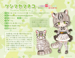 Rule 34 | 1girl, animal, animal ears, bare shoulders, bow, bowtie, cat, cat ears, cat girl, cat tail, character profile, elbow gloves, extra ears, gloves, green background, green eyes, grey hair, japanese clothes, kemono friends, kikuchi milo, kimono, kneehighs, looking at viewer, sandals, short hair, simple background, socks, tail, translation request, tsushima leopard cat (kemono friends), zouri