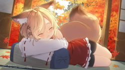 Rule 34 | 1girl, animal ear fluff, animal ears, autumn leaves, bare shoulders, bike shorts, black shorts, blonde hair, closed eyes, commission, coreytaiyo, detached sleeves, english text, facing viewer, fox ears, fox girl, fox tail, frilled skirt, frills, hair between eyes, hair ornament, highres, leaf, long sleeves, maple leaf, original, parted lips, red skirt, ribbon-trimmed skirt, ribbon-trimmed sleeves, ribbon trim, short shorts, shorts, shorts under skirt, signature, skirt, sleeping, sleeveless, sleeves past wrists, star (symbol), star hair ornament, tail, tatami, translated, white sleeves, wide sleeves