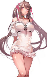 Rule 34 | animal ears, annie (destiny child), arms behind back, blush, breasts, cleavage, closed mouth, collarbone, cowboy shot, destiny child, detached collar, dress, frown, hair ribbon, highres, large breasts, light brown hair, long hair, off-shoulder dress, off shoulder, pink eyes, pink ribbon, ribbon, shiny skin, sidelocks, simple background, solo, twintails, very long hair, white background, white dress, yoshio (55level)