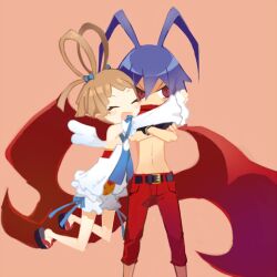 Rule 34 | 1boy, 1girl, angel, angel wings, antenna hair, belt, black gloves, bloomers, blue hair, bow-shaped hair, brother and sister, closed eyes, crossed arms, demon boy, detached sleeves, disgaea, disgaea d2, feathered wings, fingerless gloves, ginta (tourabu), gloves, hair between eyes, hug, laharl, navel, open mouth, pants, red eyes, red pants, red scarf, sandals, scarf, scarf over mouth, siblings, sicily (disgaea), simple background, smile, topless male, underwear, wings