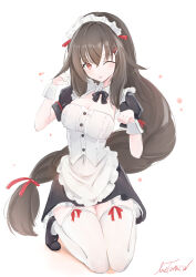 Rule 34 | 1girl, apron, black bow, black bowtie, black dress, black footwear, bow, bowtie, breasts, brown hair, cleavage, detached collar, dress, garter straps, hair ornament, hair ribbon, hairclip, highres, kneeling, livetarica, looking at viewer, maid, maid apron, maid headdress, medium breasts, one eye closed, original, paw pose, puffy sleeves, red eyes, red ribbon, ribbon, shoes, short sleeves, smile, socks, thighhighs, tongue, tongue out, white apron, white background, white thighhighs, wink, wrist cuffs