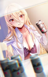 Rule 34 | 1girl, absurdres, asahi breweries, azur lane, beer can, blonde hair, bra, brand name imitation, breasts, can, commentary request, drink can, hair between eyes, highres, implacable (azur lane), large breasts, lingerie, long hair, looking at viewer, manjuu (azur lane), open clothes, open shirt, panties, product placement, purple bra, purple panties, red eyes, refrigerator, refrigerator interior, spekkio36, underwear