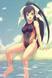 Rule 34 | 1girl, bare shoulders, barefoot, blue eyes, blue hair, bow, breasts, cloud, competition swimsuit, day, e20, covered erect nipples, hair bow, highleg, highleg swimsuit, long hair, matching hair/eyes, medium breasts, navel, one-piece swimsuit, open mouth, outdoors, ponytail, quiz magic academy, sitting, skin tight, sky, soaking feet, solo, swimsuit, very long hair, water, yuri (quiz magic academy)