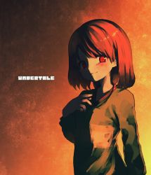 Rule 34 | 1other, androgynous, bad id, bad pixiv id, blush, brown hair, chara (undertale), closed mouth, commentary request, jewelry, looking at viewer, necklace, oshiruko (tsume), red eyes, shirt, short hair, simple background, smile, solo, striped clothes, striped shirt, striped sweater, sweater, undertale