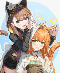 2girls animal_ears arknights black_jacket black_shorts blue_eyes book brown_gloves brown_hair cat_ears cat_girl cat_tail commentary_request extra_ears fang gloves green_eyes holding holding_book jacket long_sleeves looking_at_viewer medium_hair multiple_girls open_mouth orange_hair paid_reward_available papyrus_(arknights) pepe_(arknights) shironekoban short_shorts shorts tail