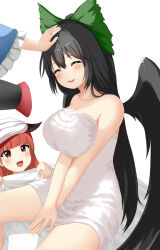 Rule 34 | 3girls, bird wings, black hair, black wings, blush, bow, breasts, cleavage, closed eyes, commentary request, doge (jkdoge), feathered wings, feet out of frame, frilled sleeves, frills, green bow, grey background, hair bow, headpat, highres, kaenbyou rin, komeiji satori, large breasts, long hair, looking at another, multiple girls, naked towel, open mouth, red eyes, red hair, reiuji utsuho, simple background, sitting, smile, solo focus, touhou, towel, towel on head, very long hair, wings