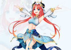 Rule 34 | 1girl, :d, absurdres, aoikito lavender086, armpits, blue eyes, blunt bangs, commentary, dancer, dancing, detached sleeves, fake horns, genshin impact, headpiece, highres, horns, jewelry, long hair, long sleeves, looking at viewer, low twintails, navel, neck ring, nilou (genshin impact), open mouth, red hair, sidelocks, simple background, smile, solo, standing, standing on one leg, stomach, thighlet, twintails, veil, zoom layer