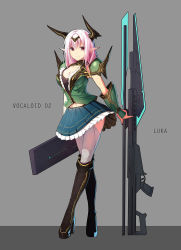 Rule 34 | 1girl, alternate eye color, arm at side, armor, black footwear, blue skirt, blunt bangs, boots, breasts, character name, cleavage, closed mouth, copyright name, cross-laced footwear, crossed legs, elf, eyebrows, full body, grey background, gun, headpiece, highres, long hair, looking at viewer, medium breasts, megurine luka, miniskirt, navel, pauldrons, pink hair, pleated skirt, pointy ears, red eyes, rifle, shoulder armor, skirt, smile, solo, standing, vambraces, vocaloid, watson cross, weapon, white legwear, xkc