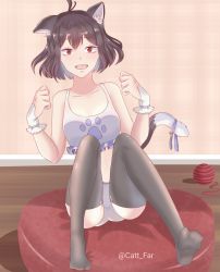 Rule 34 | 1girl, animal ears, black clover, black hair, cat ears, cat tail, catt far, cowlick, hands up, highres, looking at viewer, nekomata, open mouth, petite, red eyes, secre swallowtail, short hair, shorts, sitting, tail, thighhighs, twitter username, watermark, yarn, yarn ball