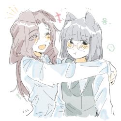 +++ 2girls :t ^_^ animal_ears animification black_hair blush brown_hair cat_ears choi_kyung closed_eyes collared_shirt commentary_request curtained_hair dated dog_ears dress_shirt friendly_rivalry glasses green_necktie green_vest highres hug joo_ye-ri kemonomimi_mode korean_commentary korean_text long_hair long_sleeves medium_hair multiple_girls necktie nose_blush notice_lines open_mouth shirt signature simple_background sweatdrop vest white_background white_shirt woodonly yuri