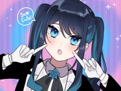 Rule 34 | 1girl, :o, ado (utaite), black bow, black bowtie, black coat, blue eyes, blue flower, blue hair, blush, bow, bowtie, chando (ado), cheek poking, cloud nine inc, coat, colored inner hair, commentary, english commentary, english text, flower, flower brooch, gloves, hair between eyes, long hair, long sleeves, looking at viewer, mole, mole under eye, multicolored hair, open mouth, pointing, pointing at self, poking, riseno, shirt, sidelocks, solo, speech bubble, twintails, two-tone hair, upper body, utaite, white gloves, white shirt