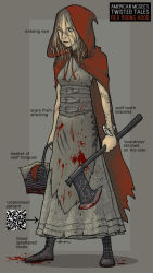 Rule 34 | 1girl, american mcgee, american mcgee (artist), axe, basket, belt, blonde hair, blood, boots, cape, coat, concept art, corset, cross-laced footwear, dress, full body, grimm&#039;s fairy tales, hood, lace-up boots, little red riding hood, little red riding hood (grimm), one-eyed, red cape, red coat, scar, scar on face, scar on nose, solo, weapon