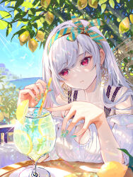 Rule 34 | 1girl, blush, breast rest, breasts, cleavage, cleavage cutout, closed mouth, clothing cutout, cup, day, drinking glass, drinking straw, earrings, facing viewer, food, fruit, hairband, highres, holding, holding drinking straw, ito lab, jewelry, large breasts, lemon, lemon slice, long hair, multicolored hairband, multicolored nails, original, outdoors, red eyes, sidelocks, soda, solo, striped clothes, striped hairband, striped nails, sunlight, tree, white hair, wine glass