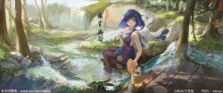 Rule 34 | 1girl, bare arms, bare shoulders, black thighhighs, blue eyes, blue hair, breasts, chinese clothes, dress, forest, genshin impact, hand fan, highres, holding, holding fan, kettle, looking at viewer, looking back, mole, mole on breast, nature, panties, river, short hair, sitting, sleeveless, sleeveless dress, smile, solo, teapot, thighhighs, underwear, wboss, yelan (genshin impact)