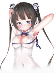 Rule 34 | 10s, 1girl, arm ribbon, armpits, arms up, bad id, bad pixiv id, bare shoulders, black hair, blue eyes, blush, bow, breasts, cleavage, cleavage cutout, clothing cutout, covered navel, dress, dungeon ni deai wo motomeru no wa machigatteiru darou ka, embarrassed, female focus, gloves, hair ornament, hair ribbon, hands up, hestia (danmachi), highres, large breasts, long hair, looking at viewer, nose blush, rei no himo, rerrere, ribbon, short dress, simple background, sleeveless, sleeveless dress, solo, twintails, upper body, white background, white dress, white gloves