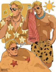 Rule 34 | 1boy, abs, absurdres, aqua nails, banana, bara, beach towel, blonde hair, buried, cowboy shot, cropped torso, dark-skinned male, dark skin, dilfborne (ventiskull), eating, eyepatch, flying sweatdrops, food, fruit, hand on own hip, hawaiian shirt, heart, heart-shaped eyewear, highres, holding, holding food, holding popsicle, jewelry, jujutsu kaisen, looking down, male focus, male swimwear, mature male, multiple views, muscular, muscular male, nanami kento, navel, navel hair, necklace, nipples, nose bubble, pectoral cleavage, pectorals, pink towel, popsicle, sand, shell, shell necklace, shirt, sleeping, starfish, sun, sunglasses, sweatdrop, swim trunks, topless male, towel, white background, yellow male swimwear, yellow shirt, zzz