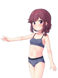 1girl blue_bra blue_panties blue_trimmed_panties blush bra breasts brown_hair collarbone highres kuramoto_takato looking_at_viewer machikado_mazoku navel open_mouth panties purple_eyes short_hair simple_background small_breasts solo sports_bra trimmed_panties underwear white_background yoshida_ryouko