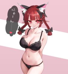 Rule 34 | 1girl, absurdres, animal ear fluff, animal ears, bare shoulders, black bow, black bra, black panties, bow, bow bra, bow panties, bra, braid, breasts, cat ears, cleavage, collarbone, cowboy shot, hair bow, hand on own chest, hand up, highres, kaenbyou rin, large breasts, long hair, looking at viewer, makeup, nail polish, navel, panties, pink background, pointy ears, polka dot, red eyes, red hair, skindentation, slit pupils, solo, sugar you, thighs, touhou, translated, twin braids, two-tone background, underwear, underwear only, white background