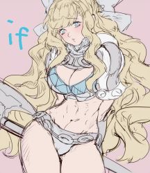 Rule 34 | 1girl, armor, axe, battle axe, blonde hair, blue eyes, blush, bow, breasts, charlotte (fire emblem), cleavage, copyright name, curvy, female focus, fire emblem, fire emblem fates, hair bow, holding, holding axe, holding weapon, large breasts, long hair, mayo (dayo), nintendo, pauldrons, pink background, shoulder armor, simple background, solo, spikes, toned, very long hair, wavy hair, weapon, white bow