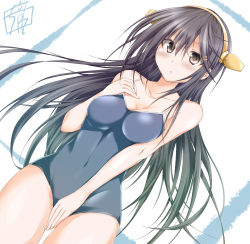 Rule 34 | 10s, 1girl, bare shoulders, black hair, blush, breasts, brown eyes, collarbone, competition school swimsuit, covered navel, covering privates, covering crotch, hair between eyes, hair ornament, hairband, hairclip, haruna (kancolle), headgear, highres, kantai collection, long hair, medium breasts, one-piece swimsuit, school swimsuit, shiryuu, solo, swimsuit