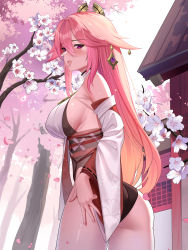 Rule 34 | 1girl, animal ears, ass, bare shoulders, blush, breasts, come hither, detached sleeves, from behind, genshin impact, hair ornament, highres, large breasts, leotard, long hair, looking at viewer, naughty face, pink hair, purple eyes, shiny skin, sideboob, siha, smile, solo, tongue, tongue out, very long hair, yae miko