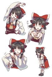 Rule 34 | 1girl, armpits, bare shoulders, black hair, bow, cracking knuckles, detached sleeves, exercising, closed eyes, frilled bow, frilled shirt, frills, hair bow, hair tubes, hakurei reimu, japanese clothes, large bow, long sleeves, mary janes, matsukuzu, miko, red bow, red shirt, shirt, shoes, short hair, sidelocks, simple background, skirt, socks, solo, stretching, stretched limb, touhou, white background, wide sleeves