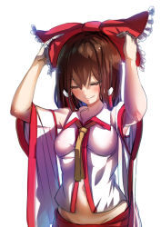 Rule 34 | 1girl, adapted costume, adjusting clothes, adjusting headwear, azuk, bare shoulders, breasts, brown hair, detached sleeves, hair between eyes, hakurei reimu, highres, light smile, red ribbon, ribbon, see-through, shirt, sketch, sleeveless, sleeveless shirt, solo, touhou, upper body, wide sleeves