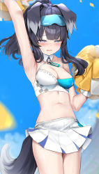 Rule 34 | 1girl, absurdres, animal ears, arm up, armpits, bare shoulders, black hair, black tail, blue archive, blue sky, breasts, cheerleader, cleavage, cowboy shot, crop top, detached collar, dog ears, dog girl, dog tail, eyewear on head, facial mark, goggles, goggles on head, hibiki (blue archive), hibiki (cheer squad) (blue archive), highres, looking at viewer, medium breasts, midriff, millennium cheerleader outfit (blue archive), navel, parted lips, pleated skirt, pom pom (cheerleading), raised eyebrows, skirt, sky, solo, somray, sparkle, star (symbol), star facial mark, stomach, sweat, tail, text print, thighs, wet, white skirt