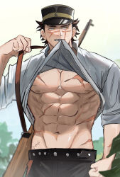 Rule 34 | 1boy, bad id, bad pixiv id, bara, bare pectorals, brown eyes, brown hair, clothes in mouth, collared shirt, cowboy shot, facial scar, golden kamuy, gun, gun on back, hat, highres, kepi, lifting own clothes, male focus, military hat, mouth hold, muscular, muscular male, nipples, pectorals, scar, scar on cheek, scar on chest, scar on face, scar on mouth, scar on nose, shirt, shirt in mouth, short hair, sideburns, sleeves rolled up, smile, solo, spiked hair, sugimoto saichi, ton (ton19130318), underpec, weapon, weapon on back