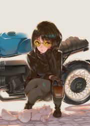Rule 34 | 1girl, absurdres, animal, black footwear, black gloves, black hair, black sweater, boots, ceda (dace), coffee cup, cup, disposable cup, gloves, grey legwear, highres, looking at viewer, motor vehicle, motorcycle, short hair, solo, squatting, sunglasses, sweater, tinted eyewear, yellow-tinted eyewear, yellow-tinted glasses