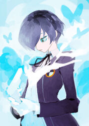 1boy black_jacket black_ribbon blazer blue_background blue_butterfly blue_eyes blue_hair blue_theme bug butterfly closed_mouth collared_shirt dark_blue_hair expressionless gekkoukan_high_school_uniform gun hair_over_one_eye handgun highres holding holding_gun holding_weapon insect jacket liba_(leo8d) long_bangs long_sleeves looking_at_object looking_down male_focus neck_ribbon one_eye_covered open_clothes open_jacket persona persona_3 ribbon school_uniform shirt short_hair solo two-handed upper_body very_short_hair weapon white_shirt yuuki_makoto_(persona_3)