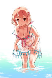 Rule 34 | 1girl, 2013, :o, bare shoulders, beach, bikini, bow, breasts, brown eyes, brown hair, cleavage, dated, dress, hair bow, hat, hataraku maou-sama!, junkpuyo, large breasts, leaning forward, looking at viewer, navel, partially submerged, pink bikini, red bikini, red eyes, red hair, ribbon, sasaki chiho, see-through, short hair, simple background, sketch, smile, solo, standing, straw hat, swimsuit, wading, water, wet, white background