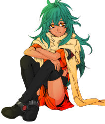Rule 34 | 1girl, ao shatsu, black footwear, boots, commentary request, crossed arms, dark skin, dark-skinned female, emerada (xenogears), green hair, highres, crossed legs, long hair, looking at viewer, no pupils, orange eyes, scarf, shirt, shorts, simple background, sitting, smile, solo, thigh boots, thighhighs, torn clothes, torn shirt, wavy hair, xenogears