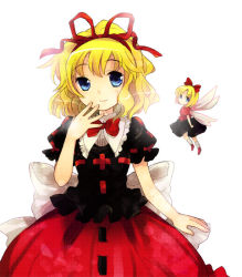 Rule 34 | 1girl, black ribbon, black shirt, blonde hair, blue eyes, bow, bowtie, closed mouth, collar, doll, dress, fairy wings, female focus, frilled shirt collar, frills, hair ribbon, hand to own mouth, large bow, looking at viewer, medicine melancholy, puffy short sleeves, puffy sleeves, red ribbon, red skirt, ribbon, ribbon-trimmed clothes, ribbon-trimmed skirt, ribbon trim, sash, shirt, short hair, short sleeves, simple background, skirt, smile, solo, su-san, tachitsu teto, touhou, white background, white collar, wings