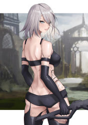 Rule 34 | 1girl, arm strap, ass, bad id, bad pixiv id, bare shoulders, black gloves, blue eyes, breasts, butt crack, commentary request, cowboy shot, elbow gloves, expulse, from behind, gloves, large breasts, looking at viewer, looking back, midriff, nier:automata, nier (series), short hair, silver hair, solo, standing, thighs, a2 (nier:automata)