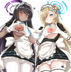 Rule 34 | 2girls, apron, asuna (blue archive), black hair, black shirt, black skirt, blonde hair, blue archive, blush, cameltoe, cowboy shot, dark-skinned female, dark skin, detached sleeves, gloves, halo, heart, heart hands, highres, karin (blue archive), large areolae, looking at viewer, machismo fuji, maid, maid apron, maid headdress, multiple girls, nipples, one breast out, pantyhose, shirt, short sleeves, skindentation, skirt, thighhighs, waist apron, white apron, white gloves, white legwear
