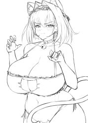 Rule 34 | 1girl, animal ears, bell, blush, breasts, cat ears, cat girl, cat lingerie, cat tail, chain, cleavage, collarbone, curvy, highres, hololive, hololive english, holomyth, huge breasts, meme attire, monochrome, navel, ouro kronii, panties, short hair, sketch, solo, stomach, tail, tentopus, thick thighs, thighs, underwear, virtual youtuber, white background