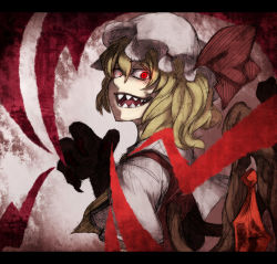 Rule 34 | 1girl, ascot, blonde hair, bow, claws, crazy eyes, embodiment of scarlet devil, face, female focus, flandre scarlet, gem, hat, hat bow, highres, letterboxed, red eyes, sharp teeth, short hair, smile, solo, teeth, touhou, wings, zimu
