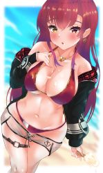 Rule 34 | 1girl, :o, absurdres, bikini, bikini under clothes, black jacket, blush, breasts, cleavage, commentary request, cream, cream on face, dolphin shorts, food, food on face, heterochromia, highres, holding, holding food, hololive, houshou marine, houshou marine (summer), ice cream bar, jacket, large breasts, long hair, navel, no headwear, o-ring, o-ring thigh strap, off shoulder, official alternate costume, popsicle, red bikini, red eyes, red hair, shorts, solo, straight hair, suggestive fluid, swimsuit, thigh strap, virtual youtuber, yellow eyes, zyunsei777