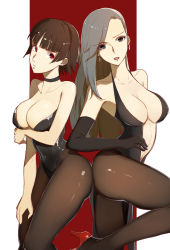 Rule 34 | 10s, 2girls, alternate costume, ass, ass-to-ass, ass press, bare arms, bare shoulders, black choker, black dress, black eyes, black gloves, black hair, black legwear, black leotard, blunt bangs, braid, breast hold, breasts, brown hair, brown legwear, choker, cleavage, closed mouth, collarbone, dress, earrings, elbow gloves, eyes visible through hair, eyeshadow, female focus, gloves, grey hair, hairband, hand on own leg, high heels, highres, jewelry, large breasts, leotard, lipstick, long hair, looking at viewer, makeup, multiple girls, neck, niijima makoto, niijima sae, open mouth, pantyhose, pelvic curtain, persona, persona 5, playboy bunny, red background, red eyes, red footwear, red lips, shade, shiny skin, short hair, siblings, side-by-side, simple background, sisters, standing, standing on one leg, strapless, strapless leotard, swept bangs, thighs, vic (vedream)
