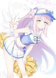 Rule 34 | 1boy, 1girl, alternate costume, angel wings, doodle sensei (blue archive), blue archive, blue headwear, blush, breasts, cheerleader, commentary request, cosplay, flower, hair bun, hair flower, hair ornament, hair scrunchie, hanae (cheer squad) (blue archive) (cosplay), heart stickers, highres, holding, holding pom poms, hoshino ouka, leaning forward, long hair, looking at viewer, low wings, medium breasts, midriff, mika (blue archive), pink hair, pleated skirt, pom pom (cheerleading), pom poms, ponytail, scrunchie, sensei (blue archive), single hair bun, skirt, sleeveless, solo focus, sticker on face, translation request, visor cap, white wings, wings, yellow eyes
