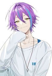 Rule 34 | 1boy, aqua hair, closed mouth, commentary, ear piercing, earrings, hair between eyes, hk (wgyz7222), jewelry, kamishiro rui, kanaria wa kyuukyou ni utau (project sekai), long sleeves, looking at viewer, male focus, multicolored hair, necklace, official alternate costume, piercing, project sekai, purple hair, shirt, short hair, simple background, sleeves past wrists, solo, streaked hair, symbol-only commentary, upper body, white background, white shirt, yellow eyes