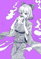 Rule 34 | 1girl, ball, bow, bright pupils, covered mouth, cowboy shot, floral print, greyscale, greyscale with colored background, gurajio, hair bow, highres, hitodama, holding, holding ball, japanese clothes, kimono, long sleeves, looking at viewer, monochrome, purple background, purple eyes, shadowverse, short hair, simple background, solo, standing, star (symbol), white pupils, wide sleeves, zashiki-warashi (shadowverse)