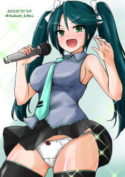 Rule 34 | 1girl, absurdres, black skirt, black thighhighs, breasts, cosplay, dated, green eyes, green hair, green necktie, grey shirt, hair ribbon, hatsune miku, hatsune miku (cosplay), highres, isuzu (kancolle), kamiya tadato, kantai collection, large breasts, long hair, look-alike, microphone, necktie, one-hour drawing challenge, open mouth, panties, pantyshot, ponytail, ribbon, shirt, skirt, sleeveless, sleeveless shirt, smile, solo, standing, thighhighs, twitter username, underwear, vocaloid, white panties, white ribbon
