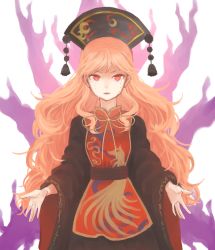 Rule 34 | 1girl, bad id, bad twitter id, black dress, chinese clothes, crying, crying with eyes open, dress, fox tail, hajin, hat, junko (touhou), long hair, long sleeves, looking at viewer, multiple tails, orange hair, red eyes, sash, simple background, solo, tabard, tail, tears, touhou, white background, wide sleeves