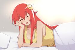 Rule 34 | 1girl, absurdres, blush, bra, breasts, closed eyes, commission, commissioner upload, fang, hair between eyes, hair ornament, highres, indoors, long hair, looking at viewer, medium breasts, miia (monster musume), monster musume no iru nichijou, non-web source, open mouth, pillow, pink bra, pointy ears, red eyes, red scales, scales, shirt, skeb commission, smile, solo, strap slip, suika aji, under covers, underwear, very long hair, yellow shirt