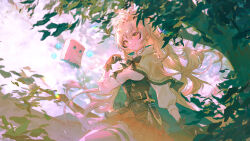 Rule 34 | 1girl, belt, blonde hair, branch, breasts, closed mouth, dagger, feather hair ornament, feathers, fingerless gloves, floating, friend (nanashi mumei), frilled skirt, frills, gloves, hair between eyes, hair ornament, highres, hololive, hololive english, in tree, knife, large breasts, long hair, nanashi mumei, sheath, sitting, sitting in tree, skirt, sleeves past wrists, smile, thighhighs, tree, vienri, virtual youtuber, weapon, yellow eyes